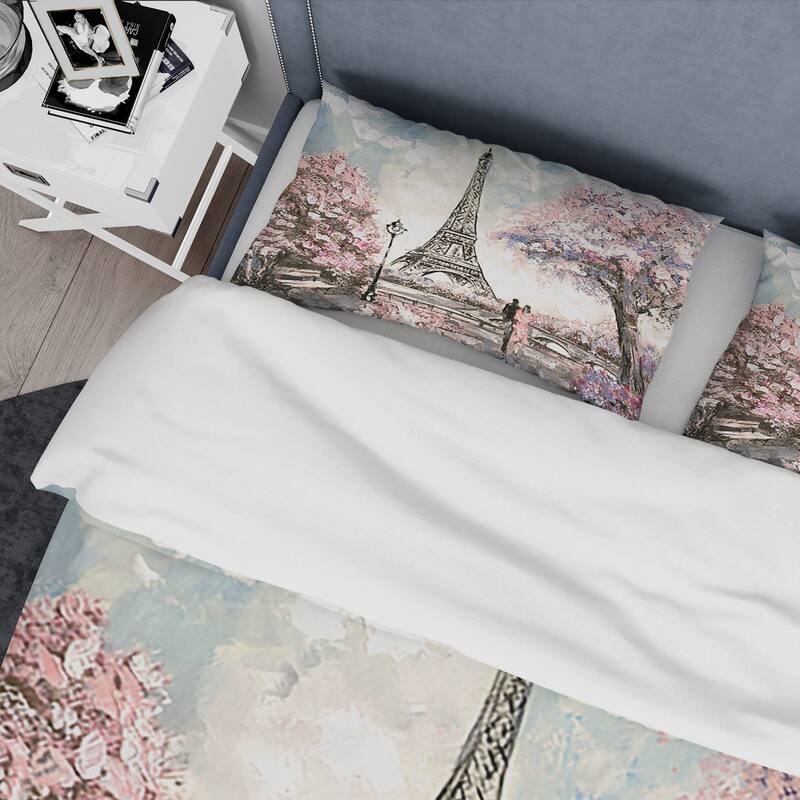 Designart 'Eiffel with Pink Flowers' Global Inspired Bedding Set - Duvet Cover & Shams