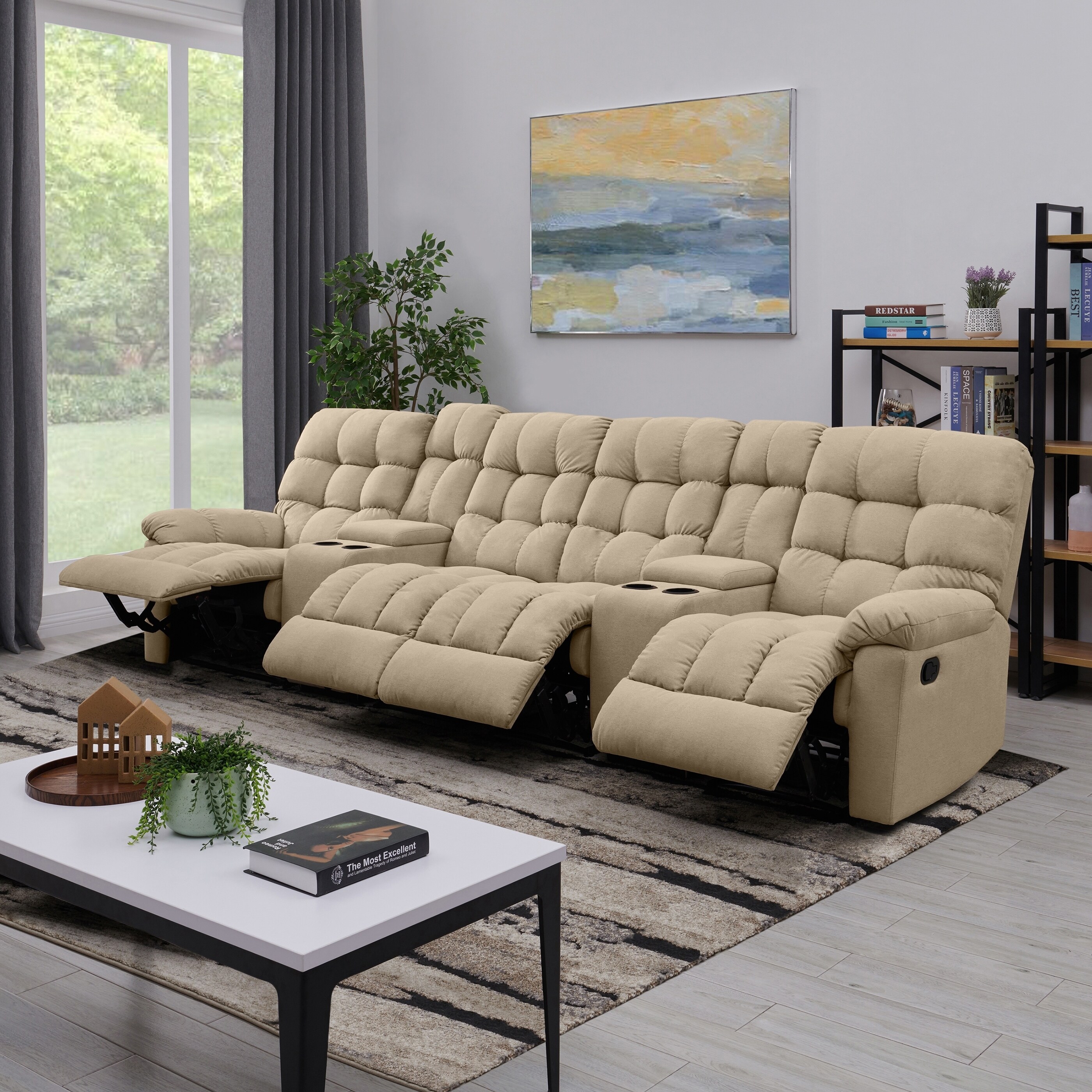 Copper Grove Gramsh Tan Tufted Velvet 4 Seat Recliner Sofa With Power Storage Console