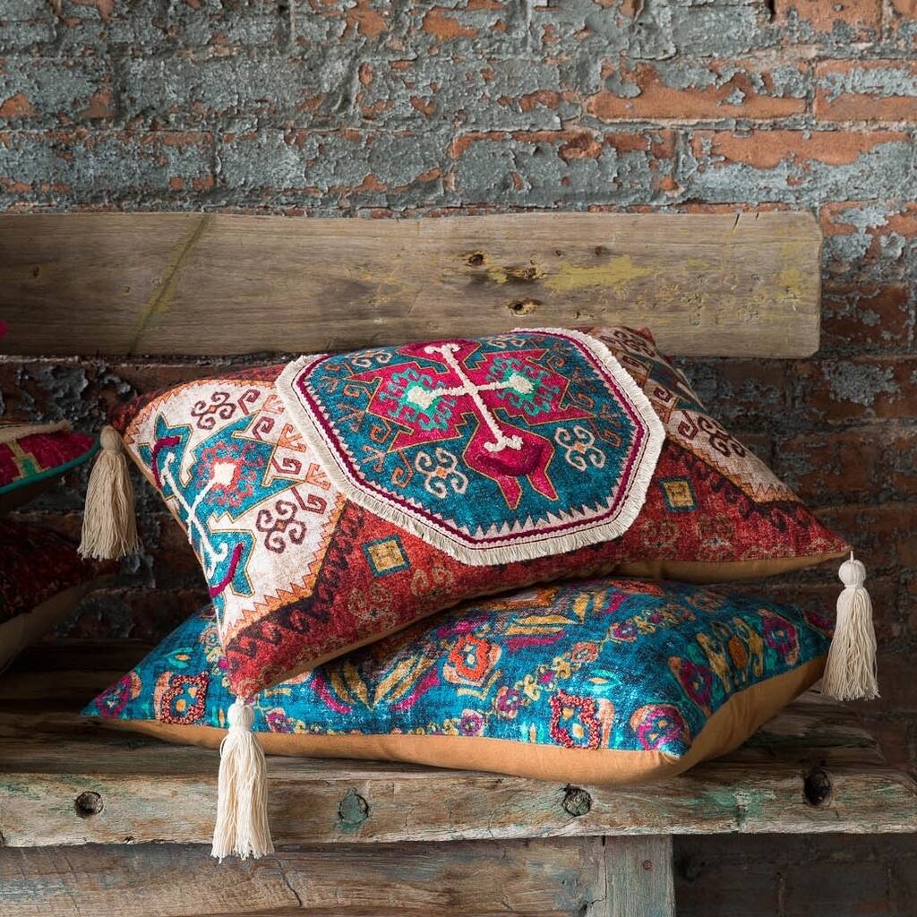 Boho Rust/ Teal Moroccan Tassel Cotton 13 x 21 Throw Pillow