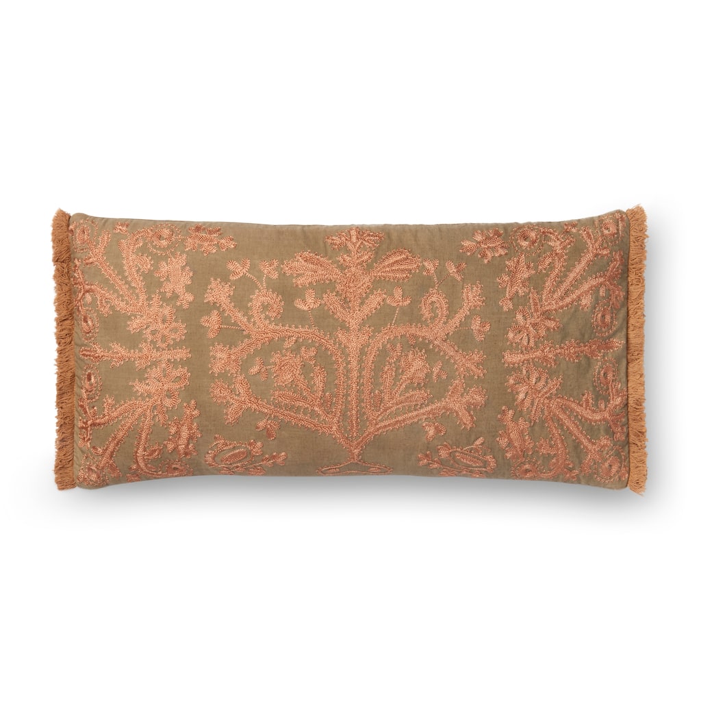 Embroidered Khaki/ Copper Victorian 12 x 27 Pillow Cover
