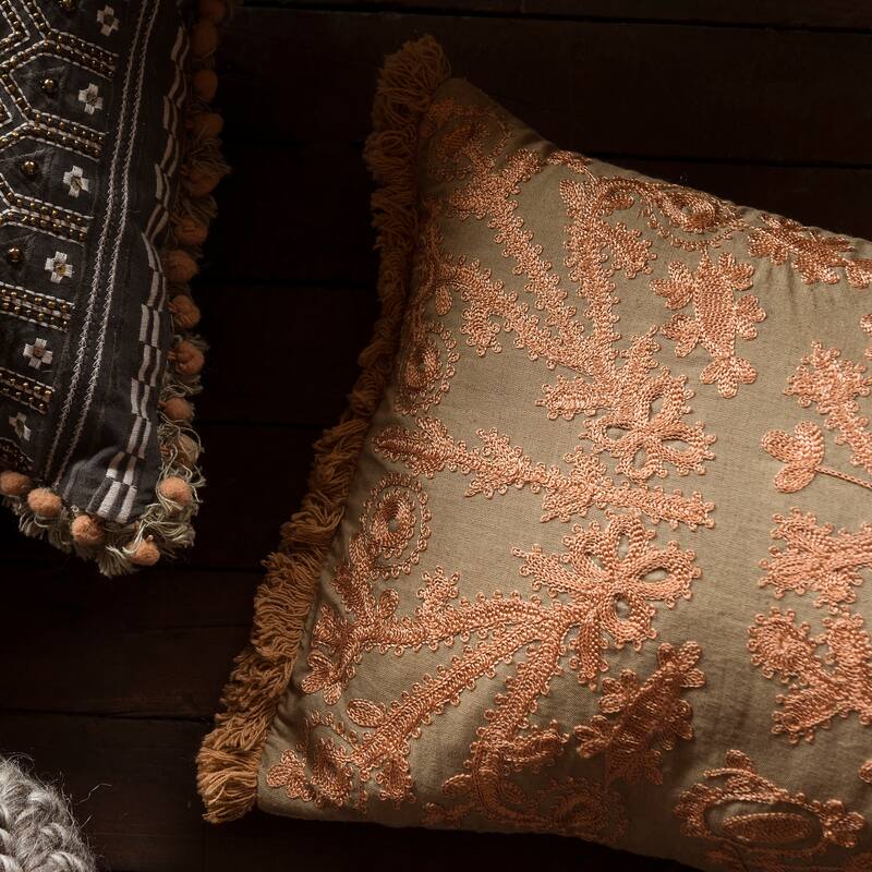 Embroidered Khaki/ Copper Victorian 12 x 27 Throw Pillow