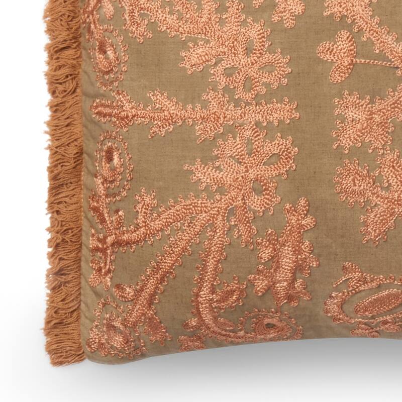Embroidered Khaki/ Copper Victorian 12 x 27 Throw Pillow
