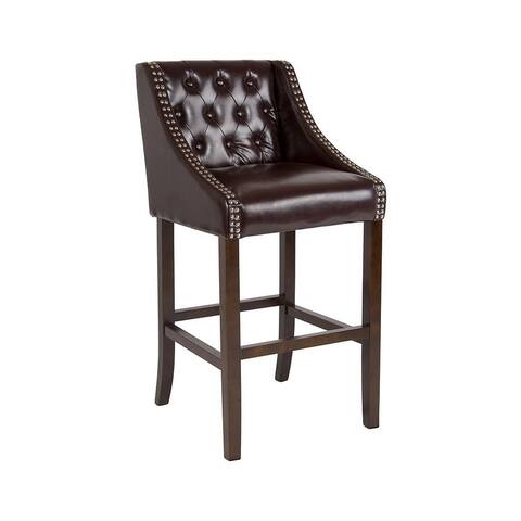 Offex Carmel Series 30" High Transitional Tufted Walnut Barstool with Accent Nail Trim in Brown Leather