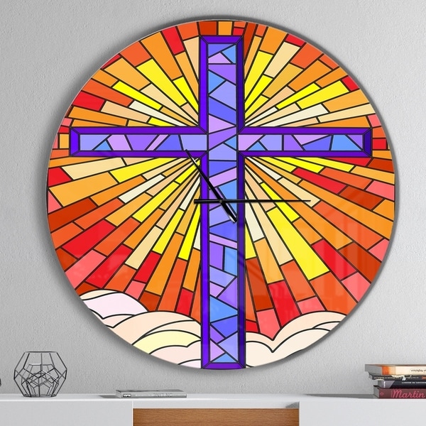Designart 'Holy Cross Stained Glass Style' Oversized Rustic Wall CLock