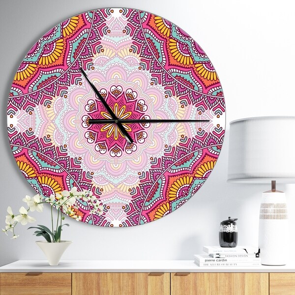 Designart 'Ethnical Pink Floral Mandala' Oversized Contemporary Wall CLock