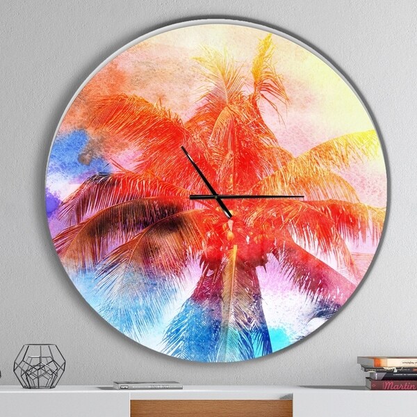 Designart 'Retro Palms Red Watercolor' Oversized Traditional Wall CLock