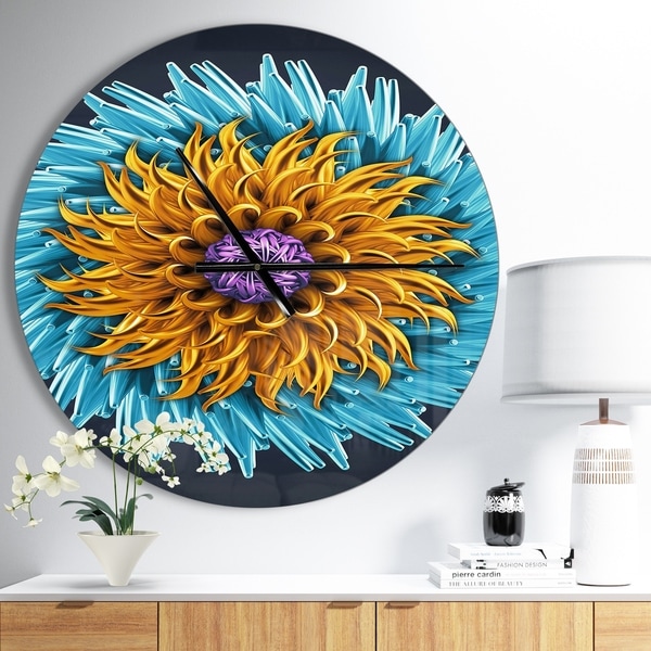 Designart 'Yellow Blue Abstract 3D Flower' Oversized Floral Wall CLock