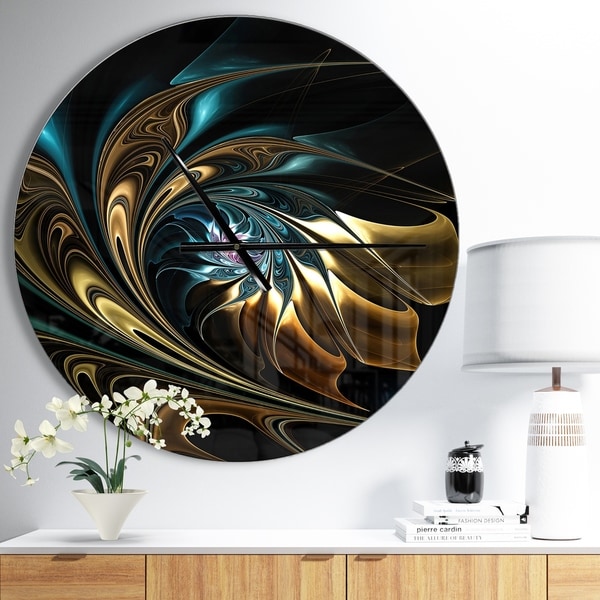 Designart 'Brown Blue Fractal Flower in Black' Oversized Modern Wall CLock