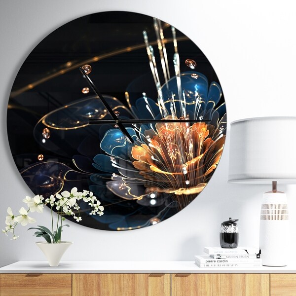 Designart 'Orange Blue Flower with Water Drops' Oversized Modern Wall CLock