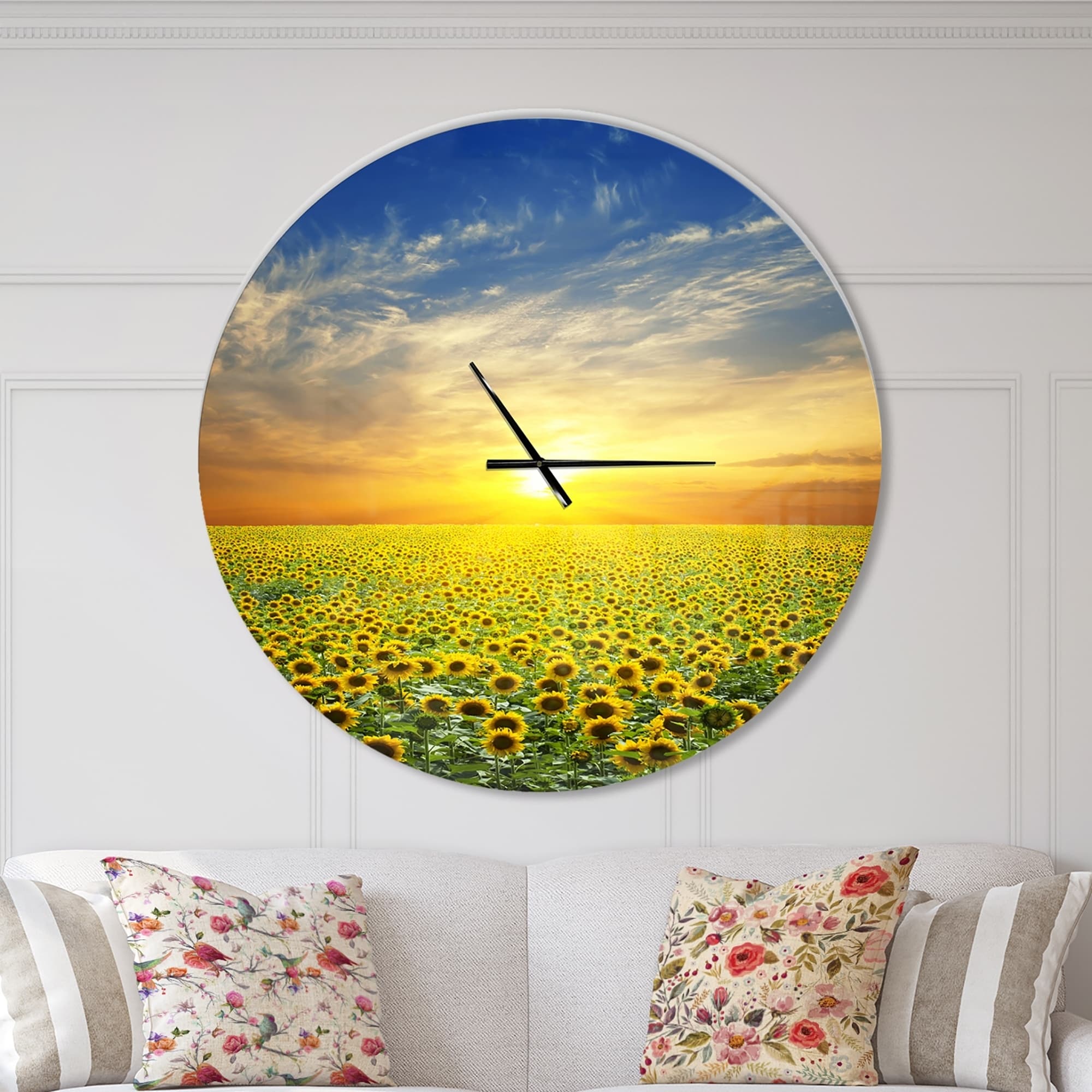 Designart Beauty Sunset Over Sunflowers Field Oversized Floral Wall Clock On Sale Overstock 23534862