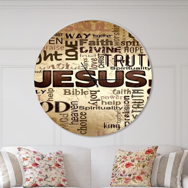 Designart 'Jesus' word cloud in grunge background' Oversized Religious Wall CLock