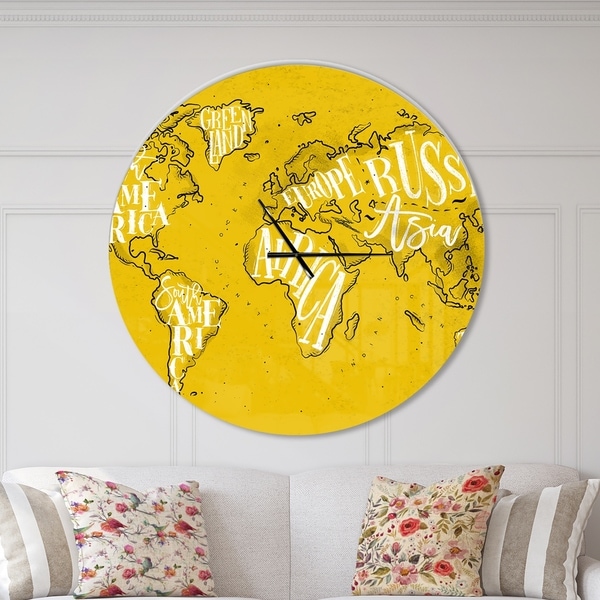 Designart 'Vintage Yellow Worldmap ' Oversized Global Wall CLock
