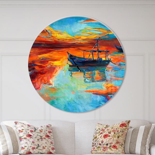 Designart 'Fishing Sailing Boat at Red Sunset' Oversized Coastal Wall CLock