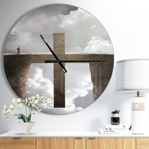 Designart 'Big Cross between Two Cliffs' Oversized Religious Wall CLock