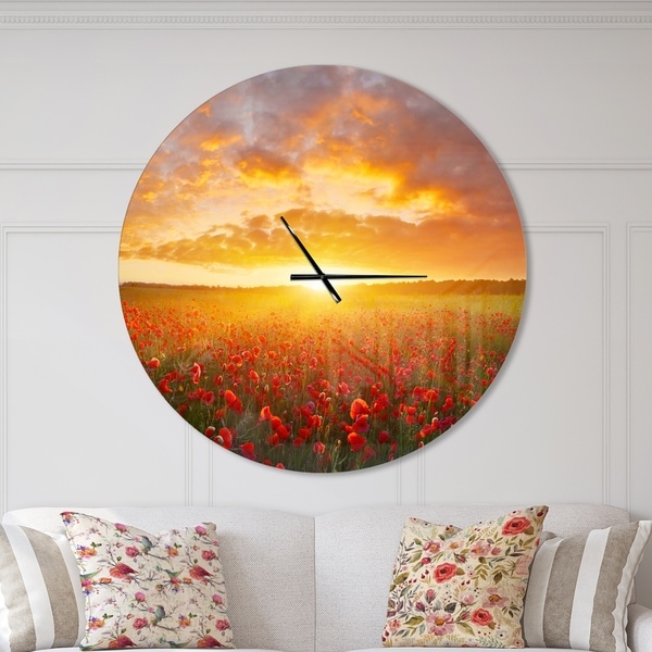 Designart 'Poppy Field under Bright Sunset' Oversized Landscapes Wall CLock