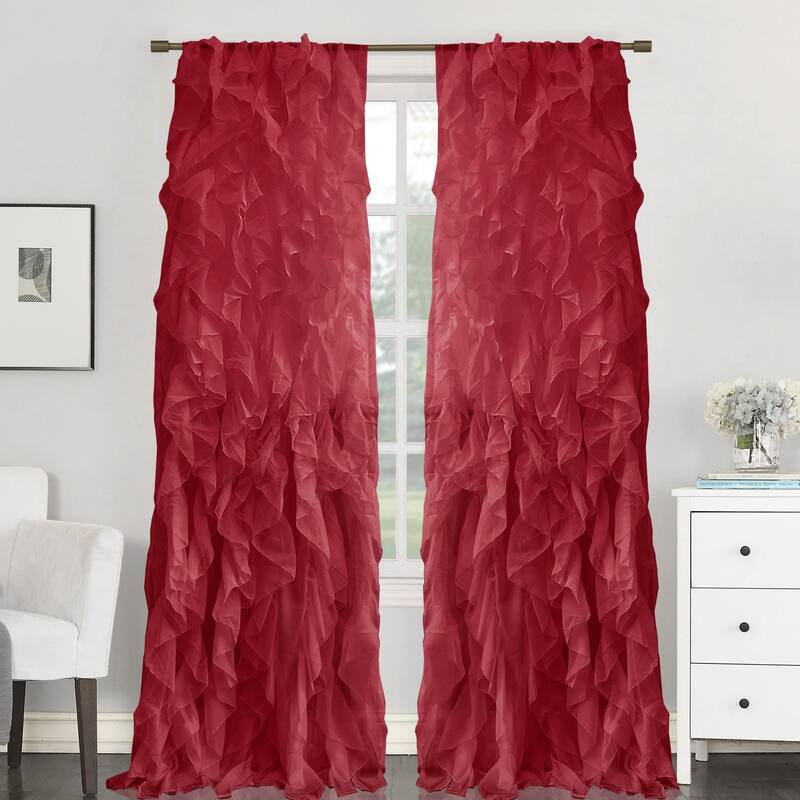 Sweet Home Collection Sheer Voile Waterfall Ruffled Tier 96 Inch Single Curtain Panel - 96" long x 50" wide - Burgundy