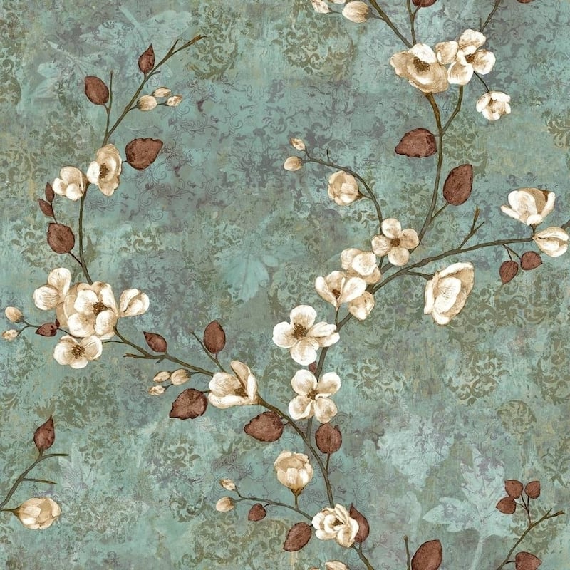 Dogwood Vintage Floral Wallpaper - teal/ darkbrown/ white/ beige/ purple
