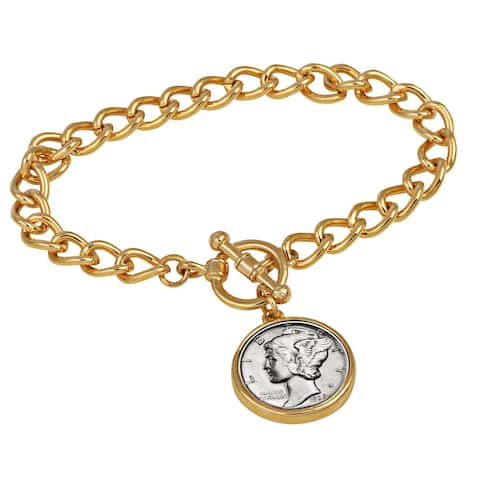 American Coin Treasures Silver Mercury Dime Goldtone Coin Toggle Bracelet