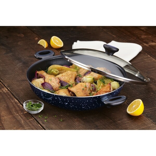 Paula Deen Riverbend Aluminum 12.5-Inch Nonstick Covered Chicken Fryer with Side Handles, Deep Blue Speckle