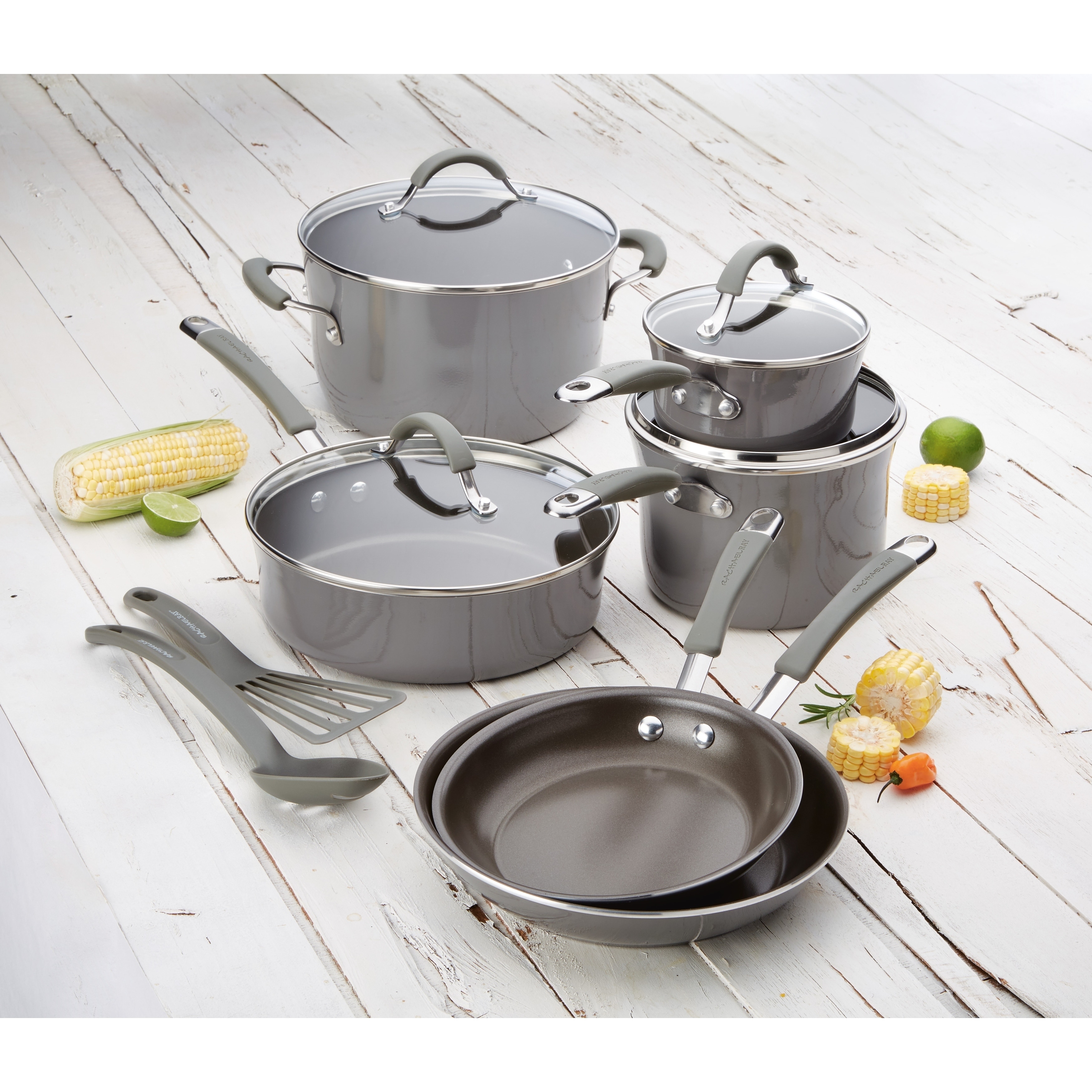 Rachael Ray Cucina 12-Piece Nonstick Cookware Set, Sea Salt Gray