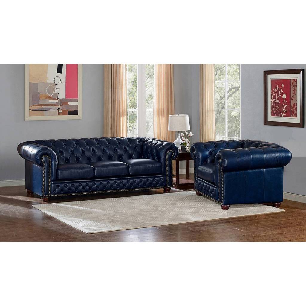 Tuscon Blue Leather Tufted Sofa and Chair Set