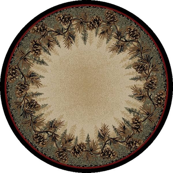 Rustic Lodge Mount Le Conte Pine Cone Border Brown Circle 5 Foot Round Area Rug - 5'3" Round