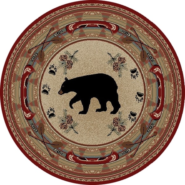 Rustic Lodge Woodlands Black Bear Circle Red 5 Foot Round Area Rug 3 X