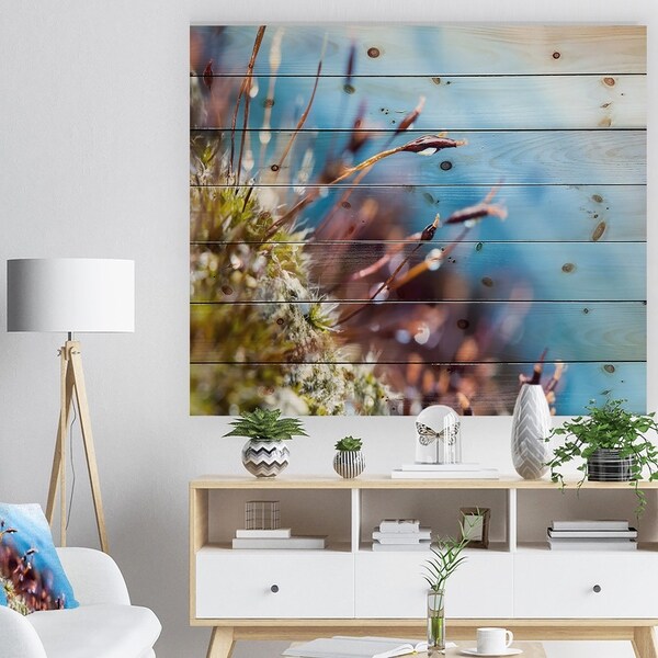 Designart 'Abstract Moss Flowers in Summer Spring' Landscape Print on Natural Pine Wood - Multi-color