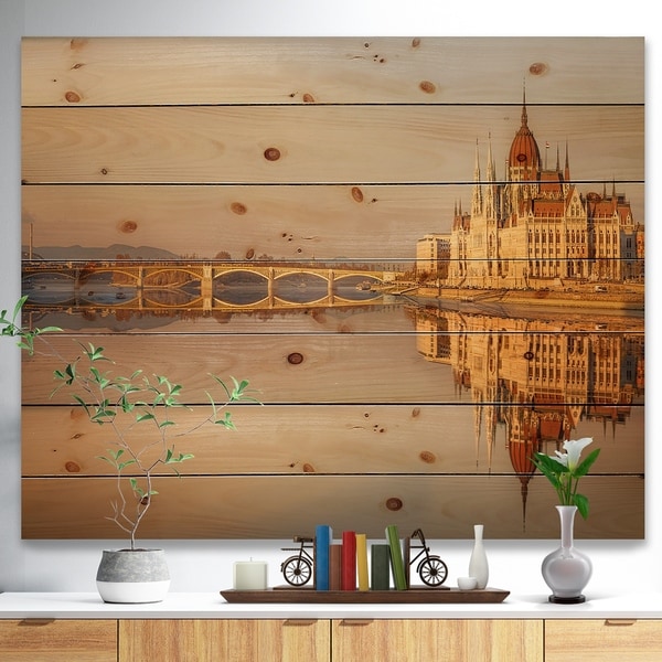 Designart 'Hungarian Parliament Panorama' Cityscape Print on Natural Pine Wood - Multi-color
