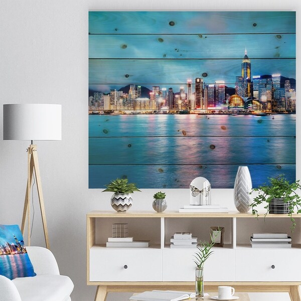Designart 'Colorful Hong Kong at Night' Cityscape Print on Natural Pine Wood - Multi-color