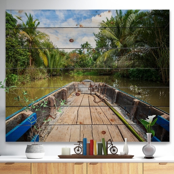 Designart 'Boat in Mekong River Vietnam' Landscape Print on Natural Pine Wood - Green