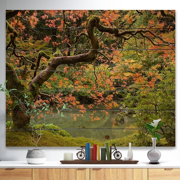 Designart 'Japanese Garden Fall Season' Landscape Print on Natural Pine Wood - Green