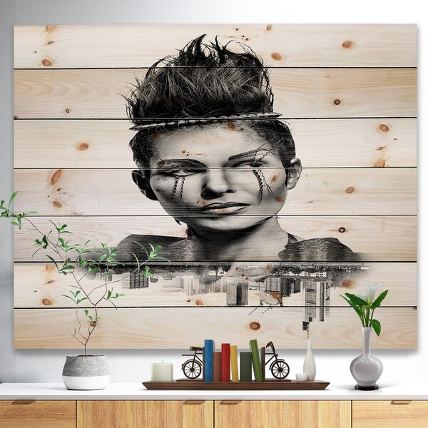 Designart 'Double Exposure Woman With Hair' Portrait Print on Natural Pine Wood - Black