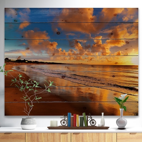 Designart 'Colorful Sunset on the Beach' Landscape Print on Natural Pine Wood - Multi-color