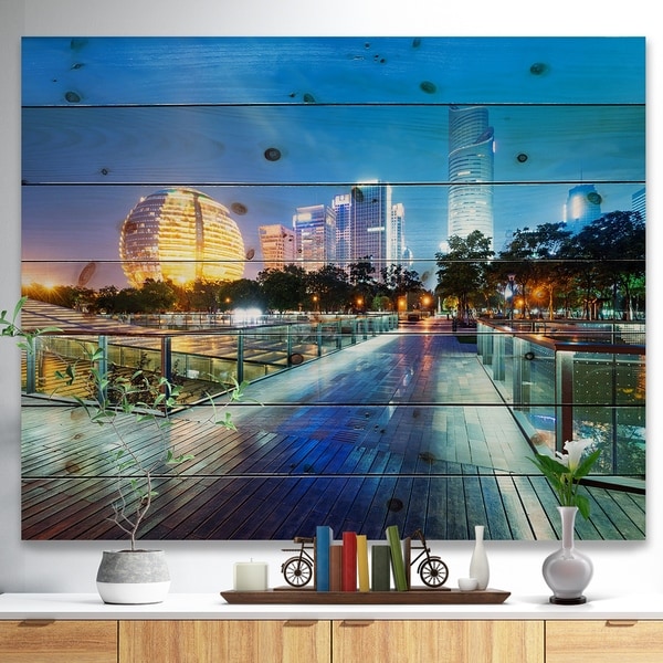 Designart 'China Hangzhou Skyscrapers' Cityscape Print on Natural Pine Wood - Multi-color