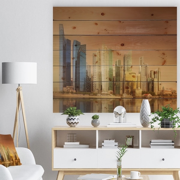Designart 'Singapore Skyline under Brown Sky' Cityscape Print on Natural Pine Wood