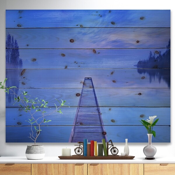 Designart 'Jetty at Blue Dawn Panorama' Bridge Print on Natural Pine Wood