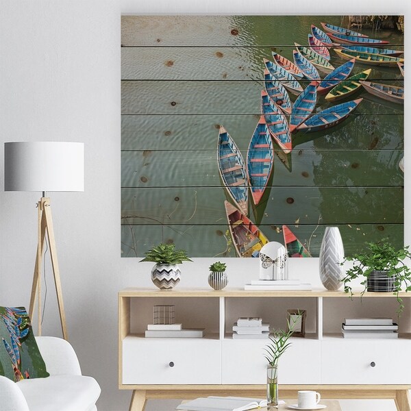 Designart 'Phewa Lake in Pokhara Nepal' Boat Print on Natural Pine Wood - Multi-color