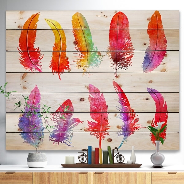 Designart 'Bright Colorful Feather Set' Animals Painting Print on Natural Pine Wood - White