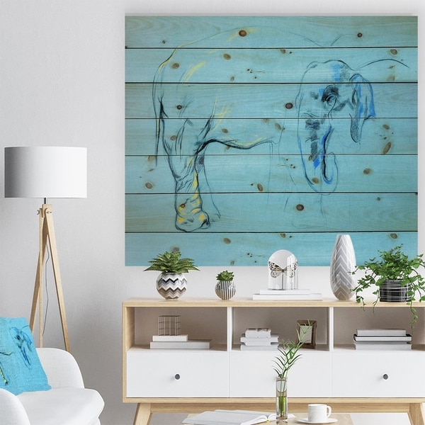 Designart 'Elephant painting' Animals Sketch Painting Print on Natural Pine Wood - Blue