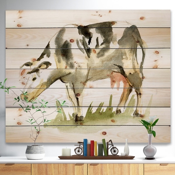 Designart 'Watercolor spotted cow' Farmhouse Sketch Painting Print on Natural Pine Wood - White