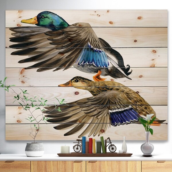 Designart 'Colored Duck isolated on white background' Sketch of Farmhouse Animals of Painting Print on Natural Pine Wood