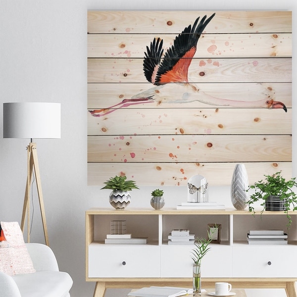 Designart 'Watercolor pink flamingo' Animals Painting Print on Natural Pine Wood - White