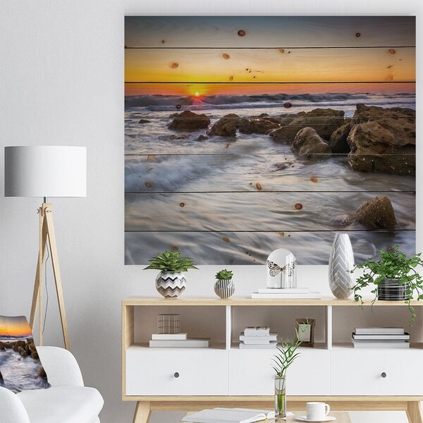 Designart 'Sunrise in Palm Coast' Landscapes Sea & Shore Print on Natural Pine Wood - Blue