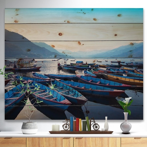 Designart 'Blue Wooden Boats in Lake' Boat Print on Natural Pine Wood - Blue