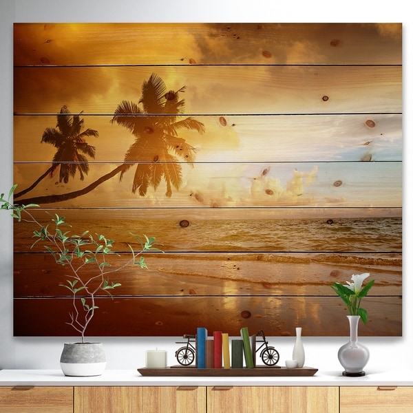 Designart 'Beautiful Palms at the Caribbean Beach' Seascape Print on Natural Pine Wood - Blue
