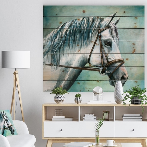 Designart 'Gray Horse on Blue Background' Animal Print on Natural Pine Wood
