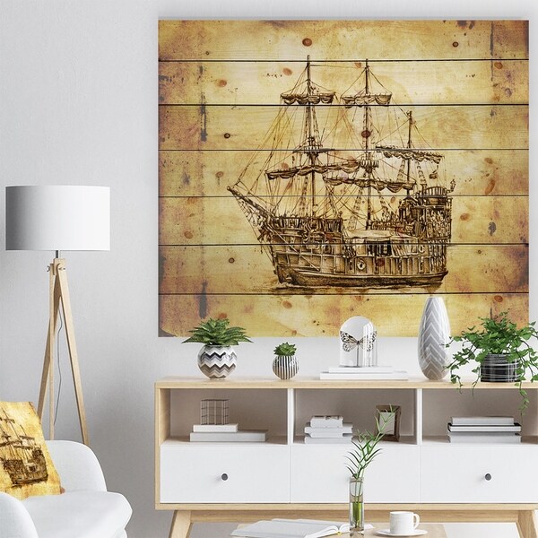 Designart 'Old Travelling Boat Drawing' Seashore Print on Natural Pine Wood - Multi-color