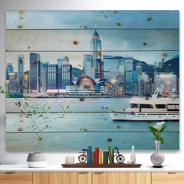 Designart 'Hong Kong City at Night' Cityscape Print on Natural Pine Wood - Multi-color