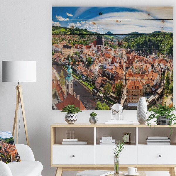 Designart 'City Aerial View Panorama' Cityscape Print on Natural Pine Wood - Multi-color